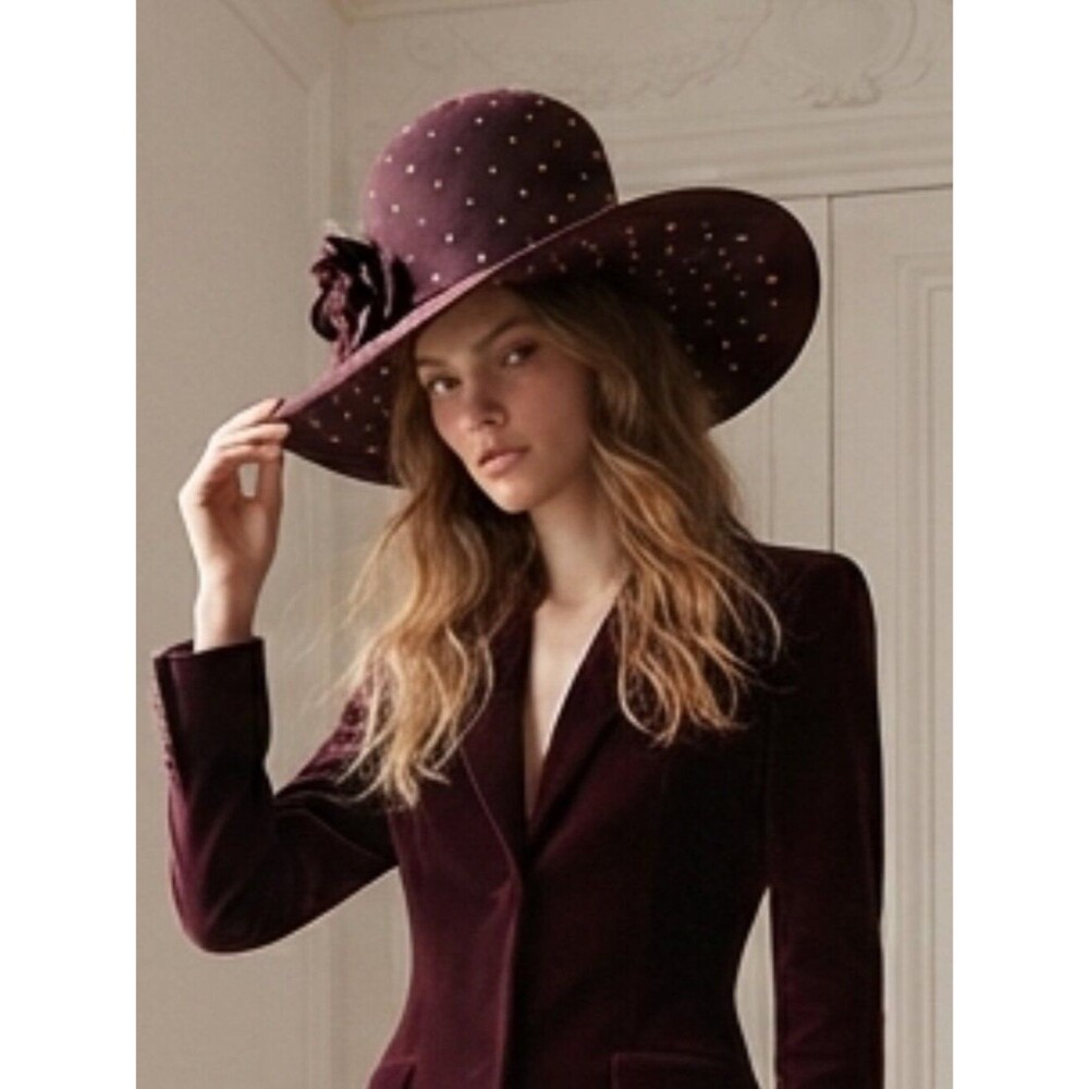 Maison Michel Paris Women's Studded Brown Felt Wide-Brim Hat with Floral Accent